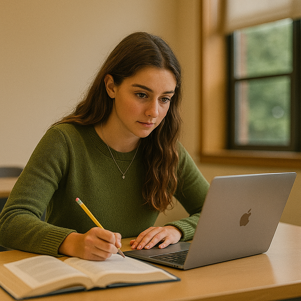Student writing an argumentative essay on a laptop with academic notes on the desk