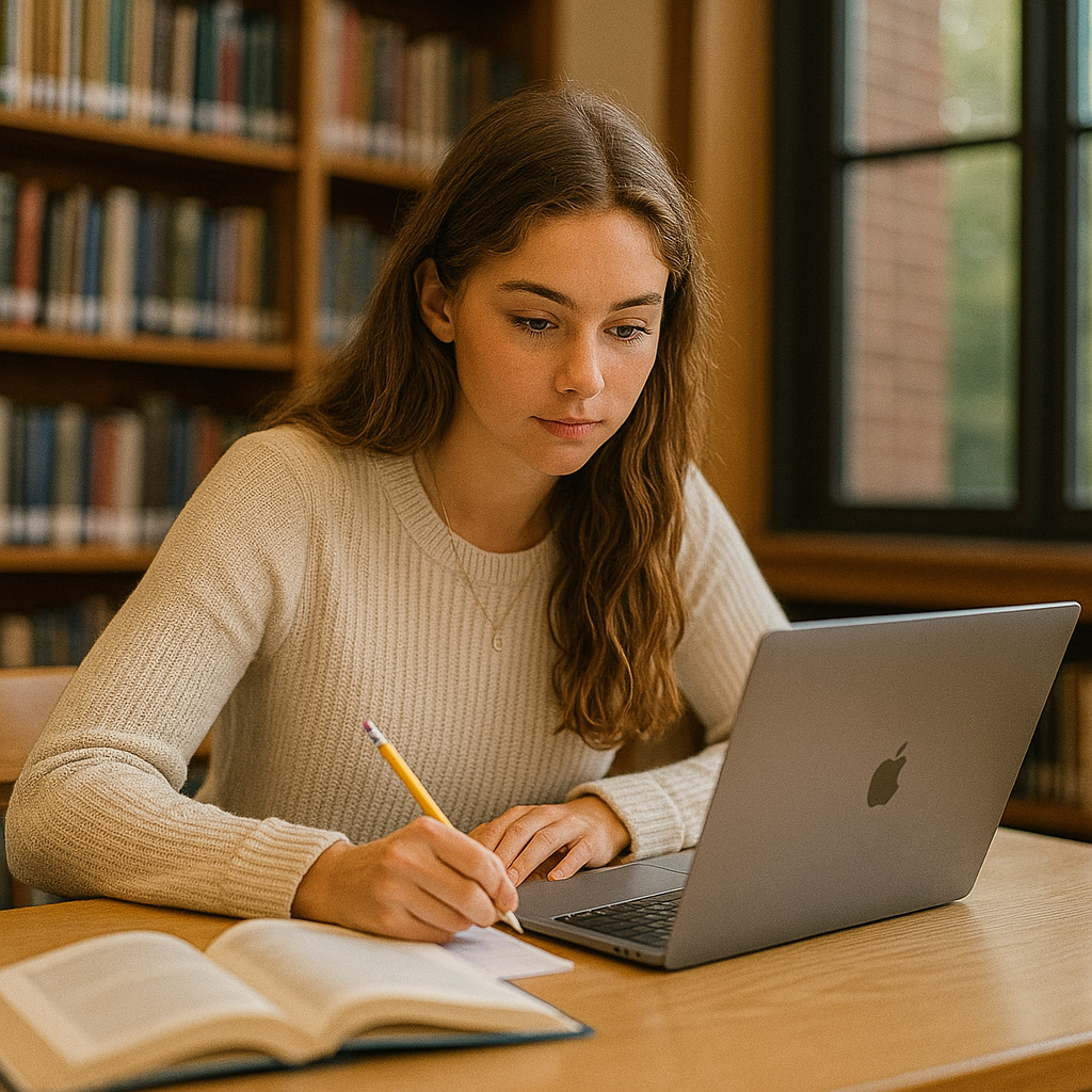 Student organizing academic essay structure on paper and laptop