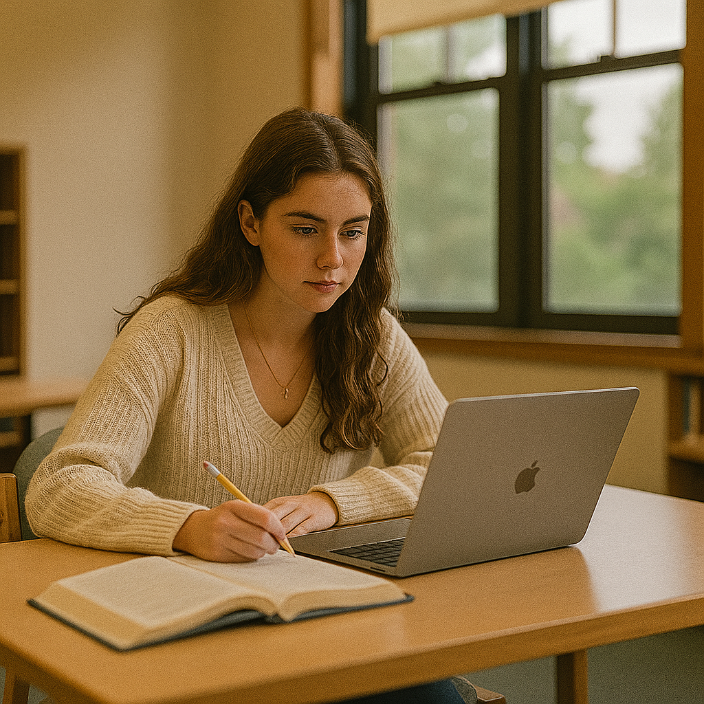Student writing a career essay for college or scholarship application on a laptop