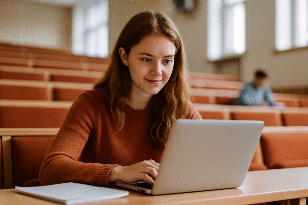 Student using laptop with online learning platforms and digital resources for academic success