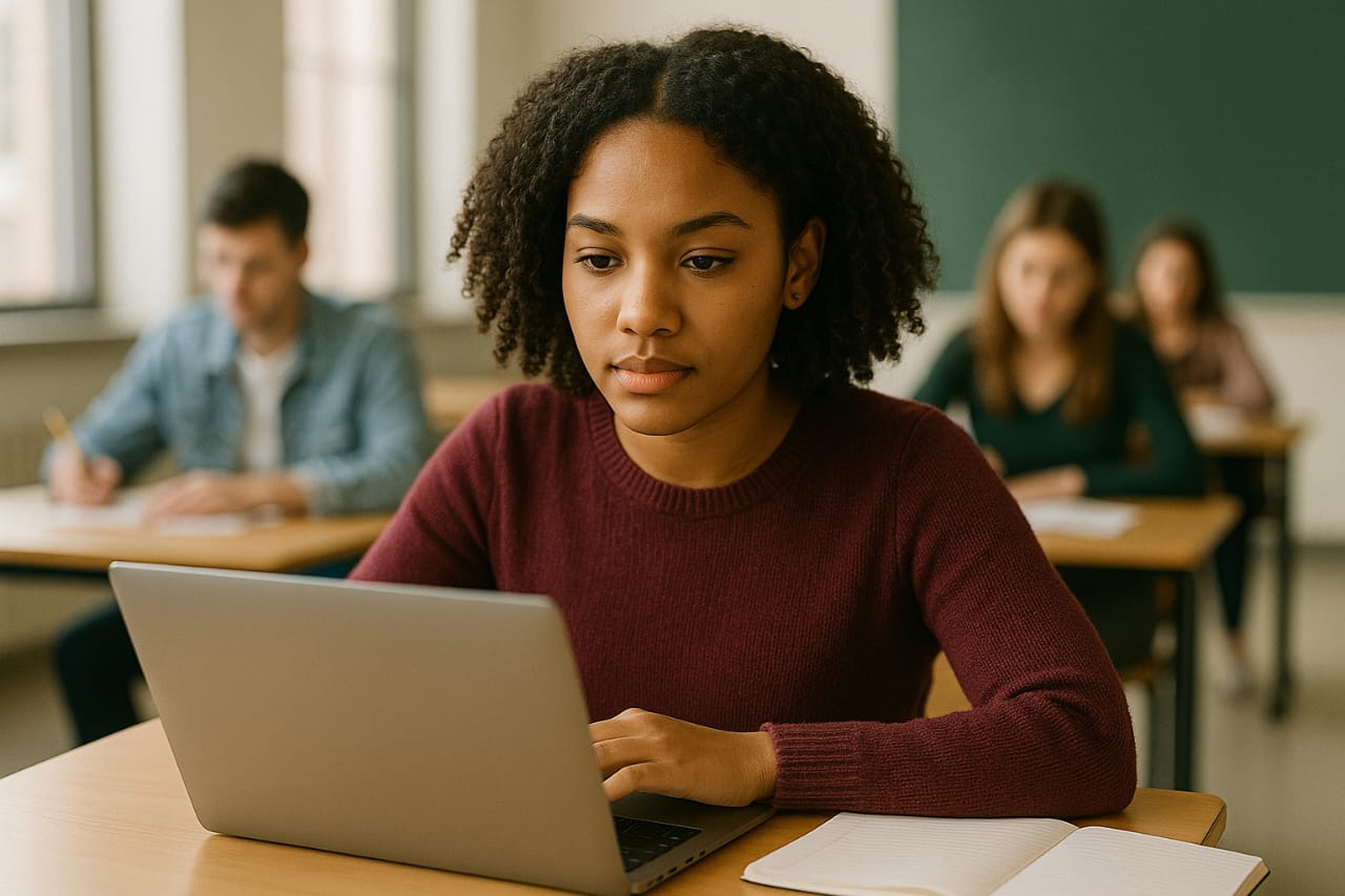 Student using SAT and ACT test preparation strategies for top scores with books and laptop
