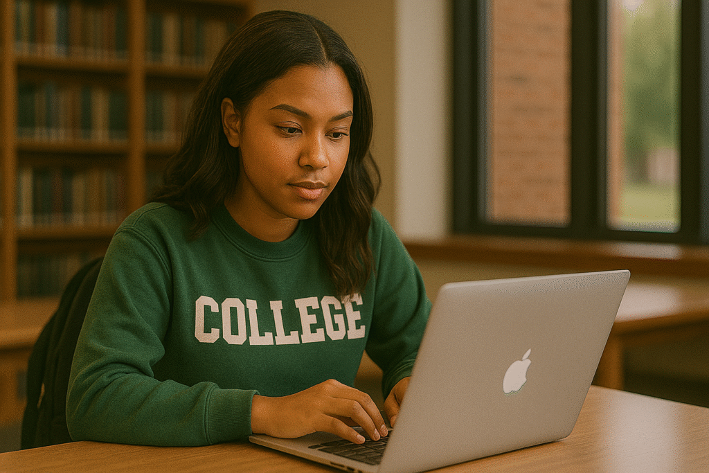 Student comparing college majors on laptop with salary charts and career path graphics